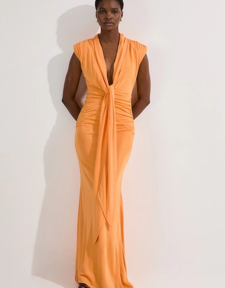 Plunge Ruched Twist Jersey Maxi Dress
