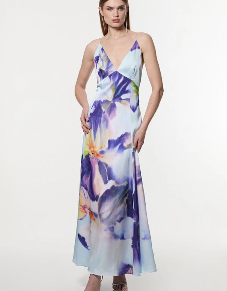 Hammered Satin Deep V Strappy Woven Maxi Dress