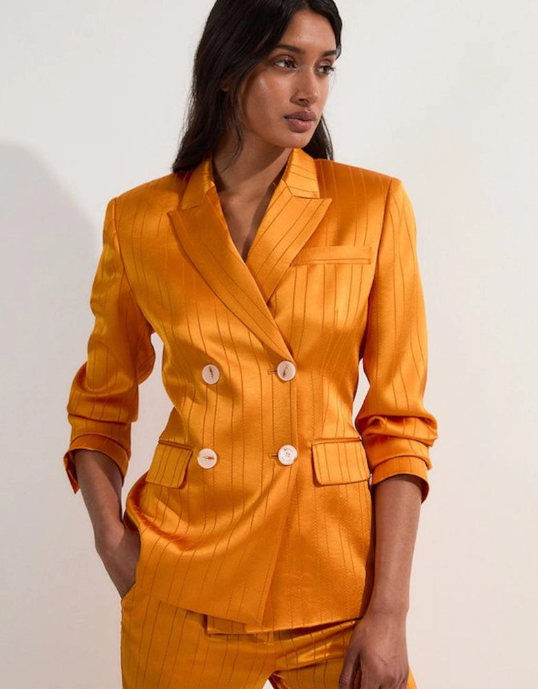 Petite Premium Satin Pinstripe Tuxedo Oversized Tailored Blazer