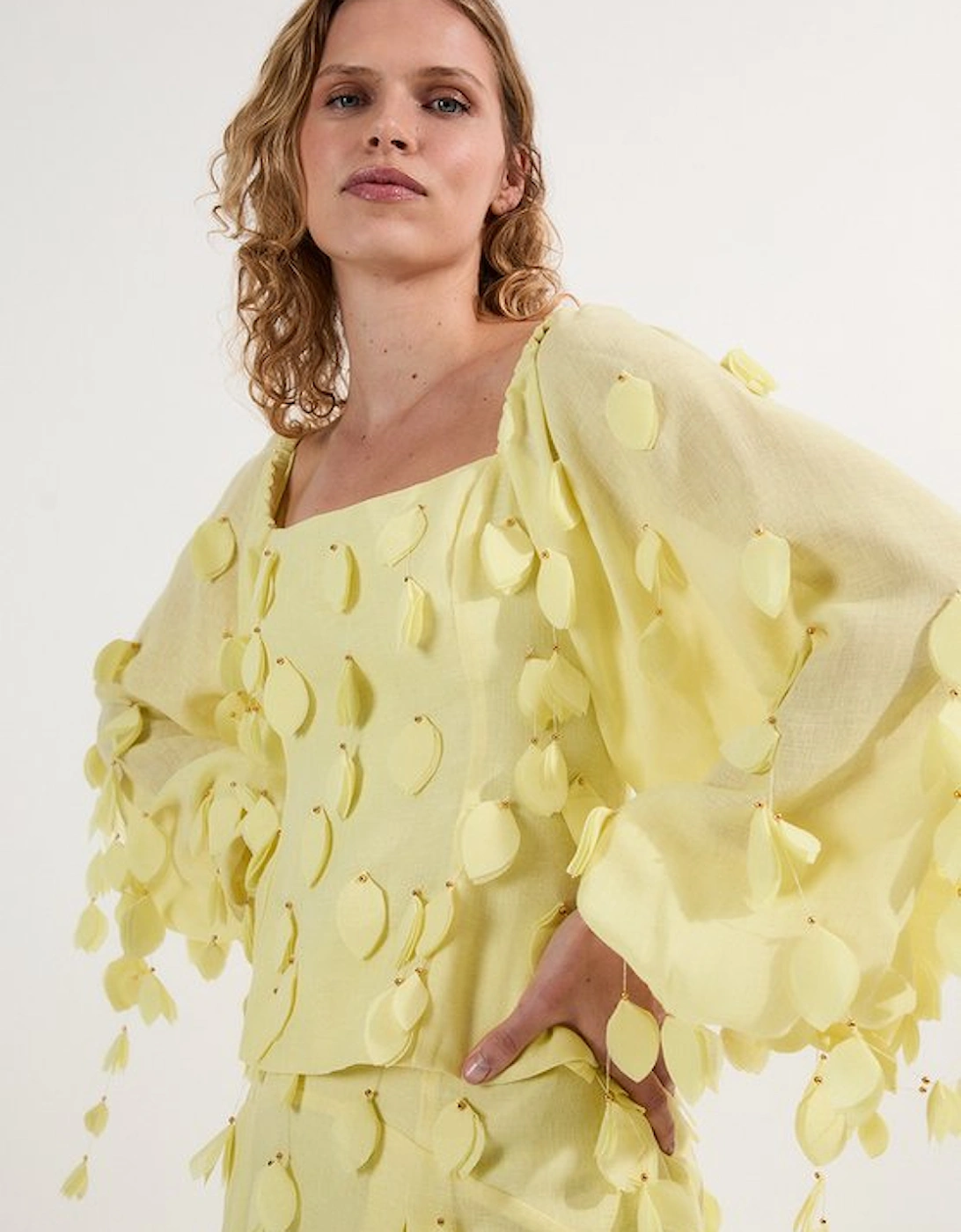 Applique Balloon Sleeve Woven Top