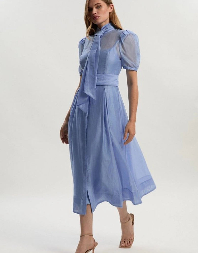 Petite Organdie Tie Neck Woven Midi Dress