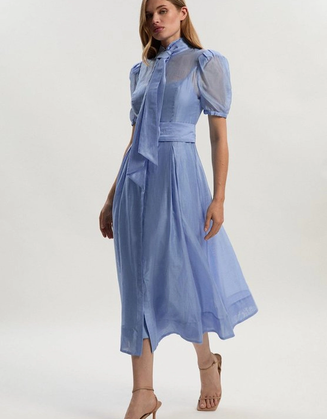 Petite Organdie Tie Neck Woven Midi Dress