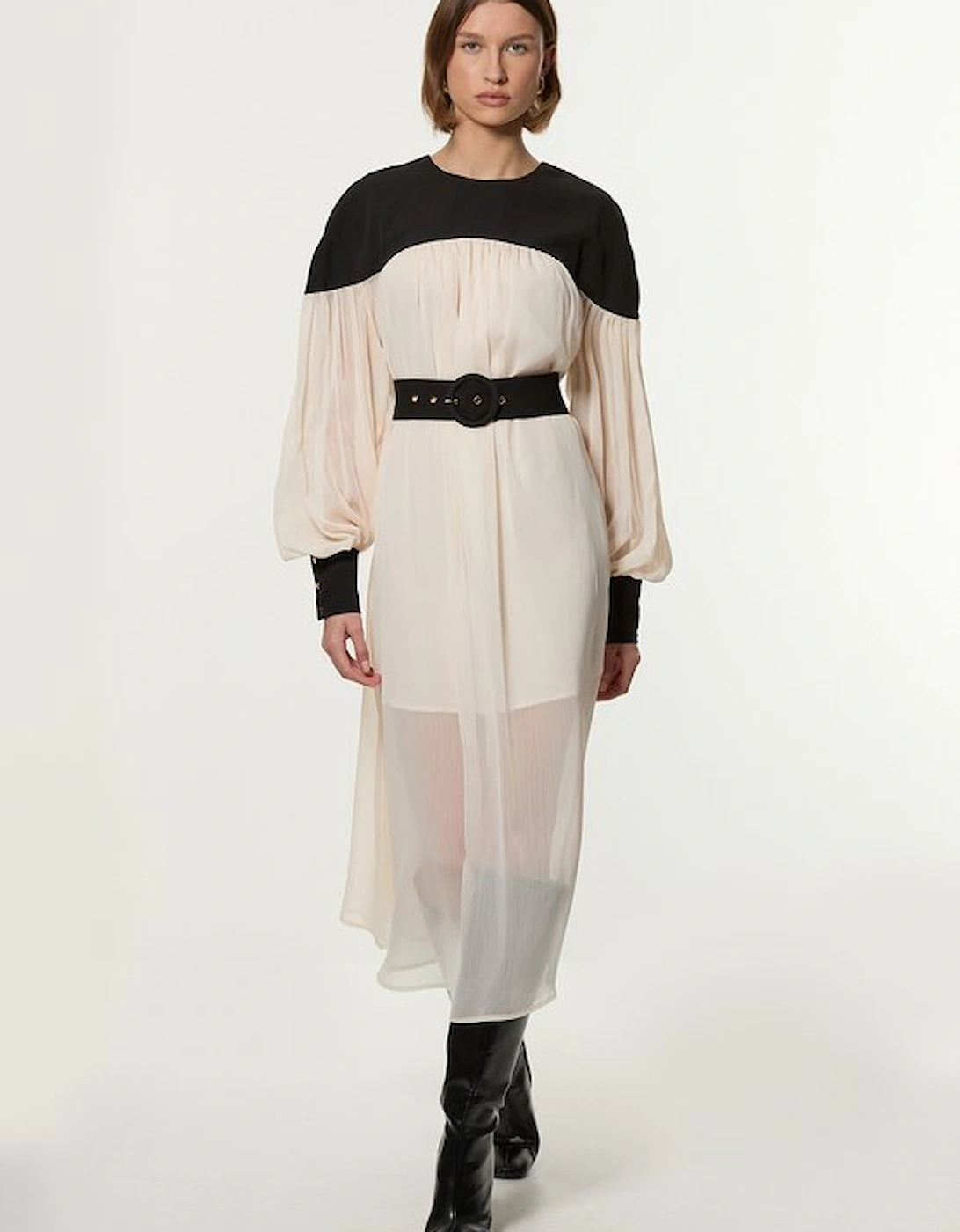 Twill Balloon Sleeve Woven Midi Dress, 5 of 4