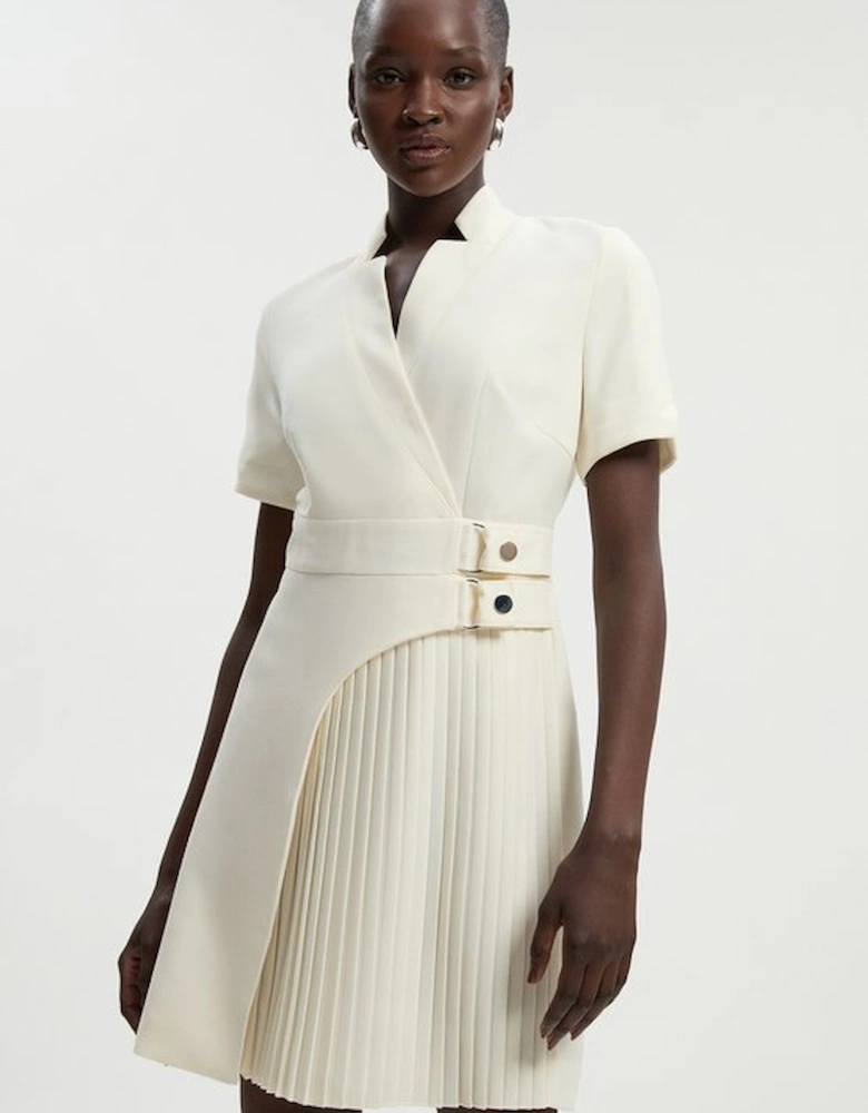 Tailored Crepe Military Pleat Notch Neck Wrap Mini Dress