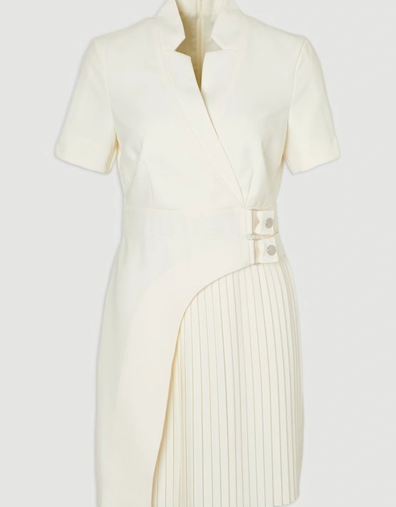 Tailored Crepe Military Pleat Notch Neck Wrap Mini Dress