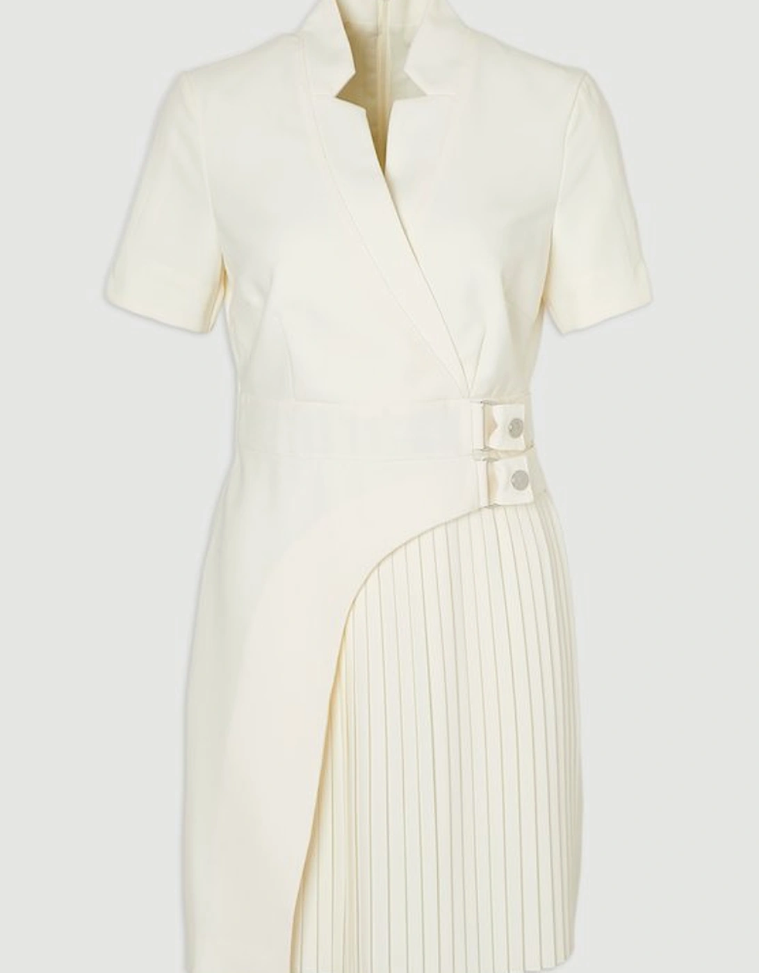 Tailored Crepe Military Pleat Notch Neck Wrap Mini Dress