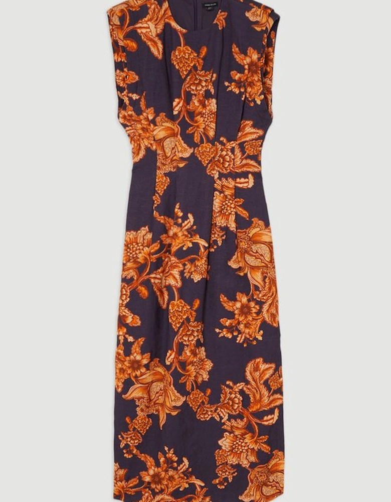 Floral Viscose Linen Pintuck Detail Woven Midaxi Dress