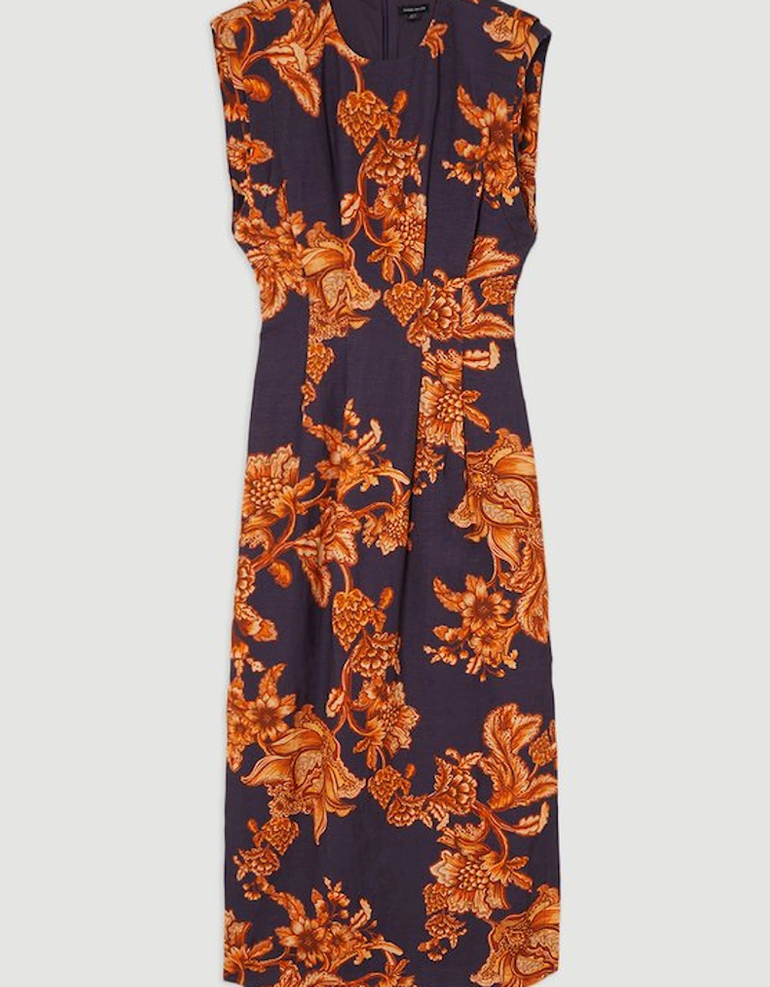 Floral Viscose Linen Pintuck Detail Woven Midaxi Dress