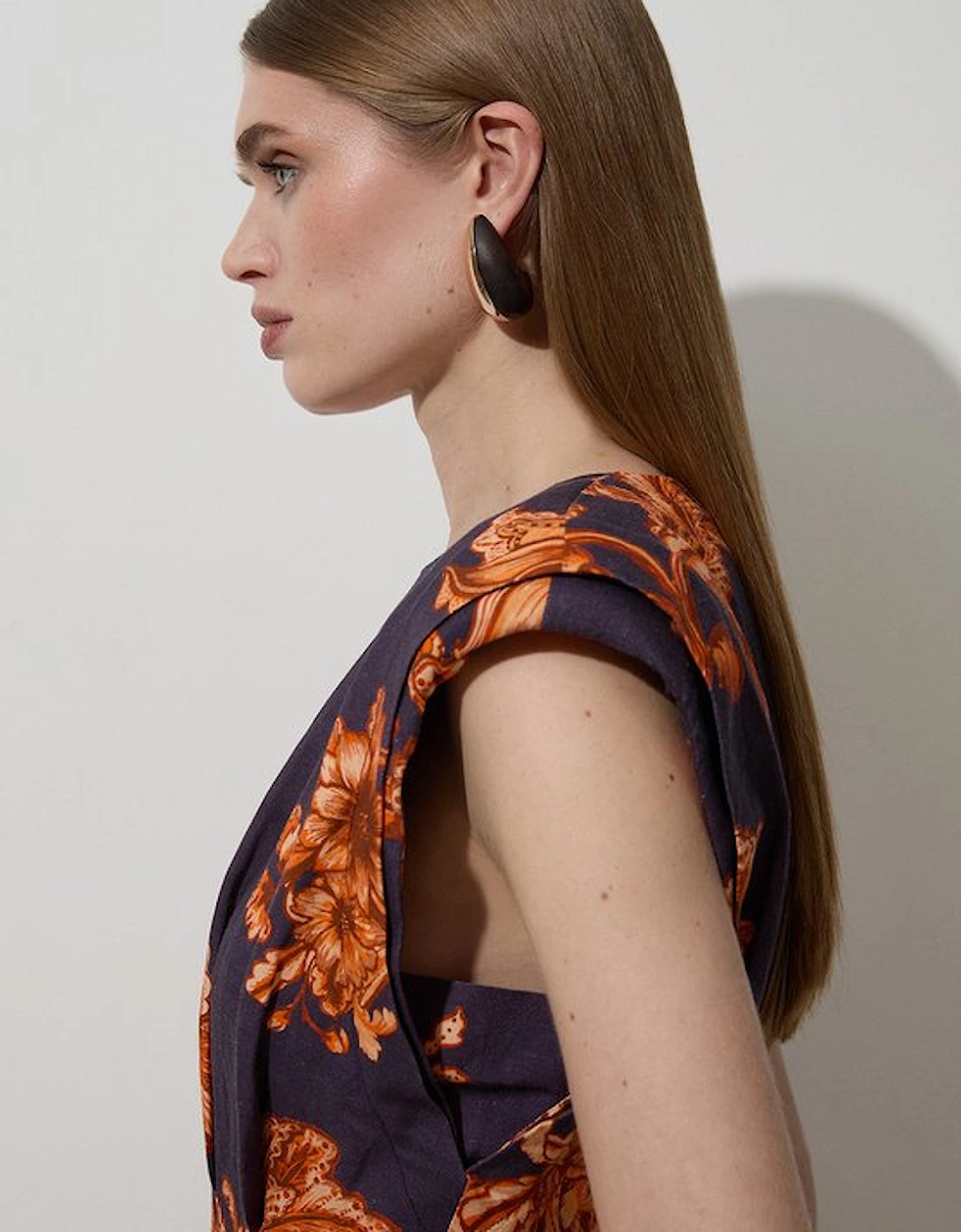 Floral Viscose Linen Pintuck Detail Woven Midaxi Dress