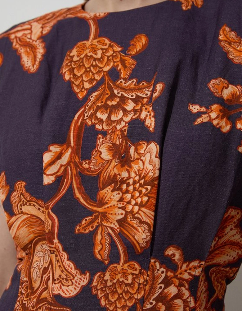 Floral Viscose Linen Pintuck Detail Woven Midaxi Dress