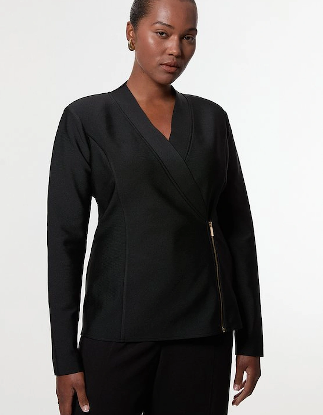 Plus Size Figure Form Bandage Knit Side Zip Longline Jacket, 5 of 4