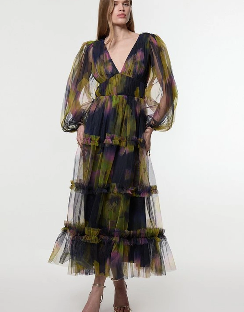 Floral Tulle Plunge Woven Maxi Dress