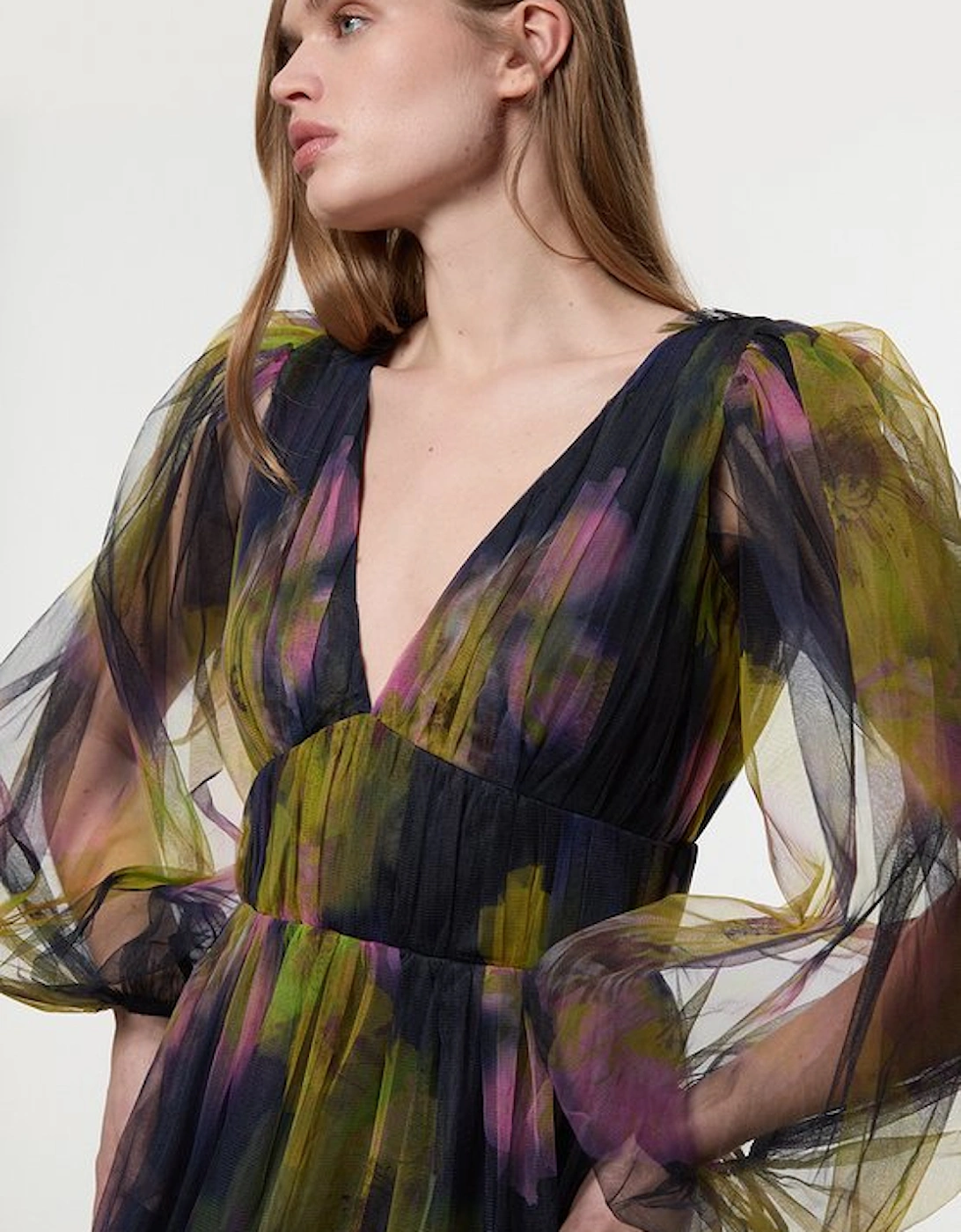 Floral Tulle Plunge Woven Maxi Dress