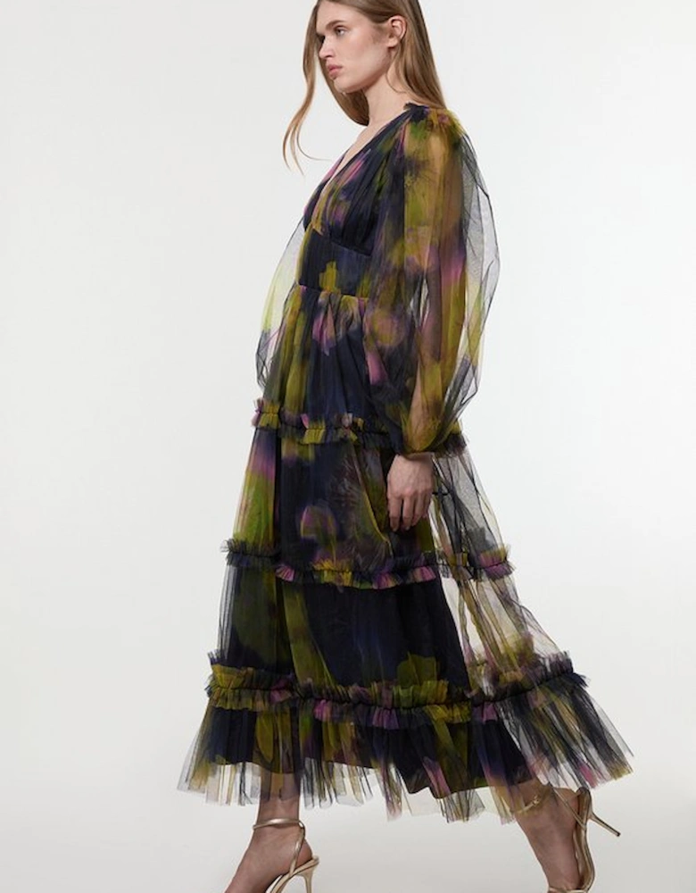 Floral Tulle Plunge Woven Maxi Dress