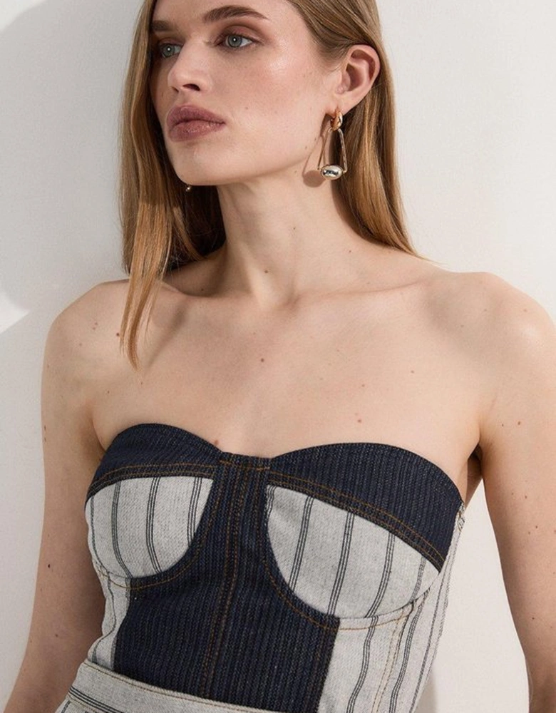Stripe Denim Belt Detail Bandeau Midi Dress