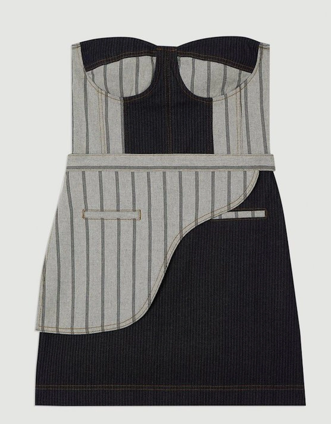 Stripe Denim Belt Detail Bandeau Midi Dress