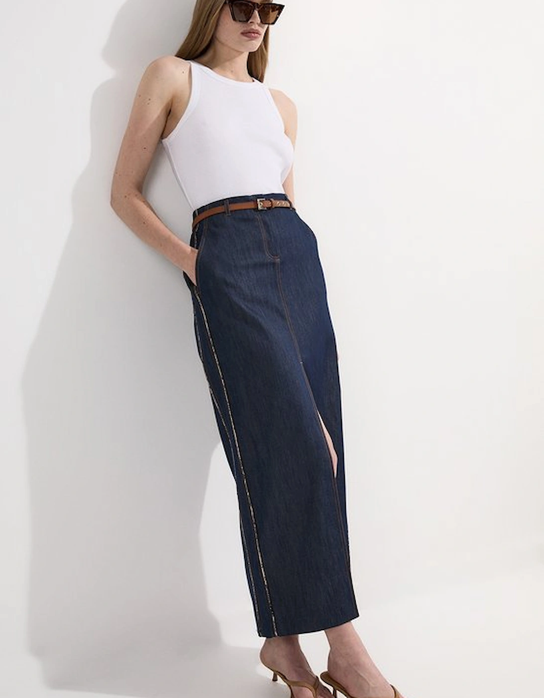 Archive Collection - Tailored Denim Belted Pocket Detail Maxi Skirt, 5 of 4