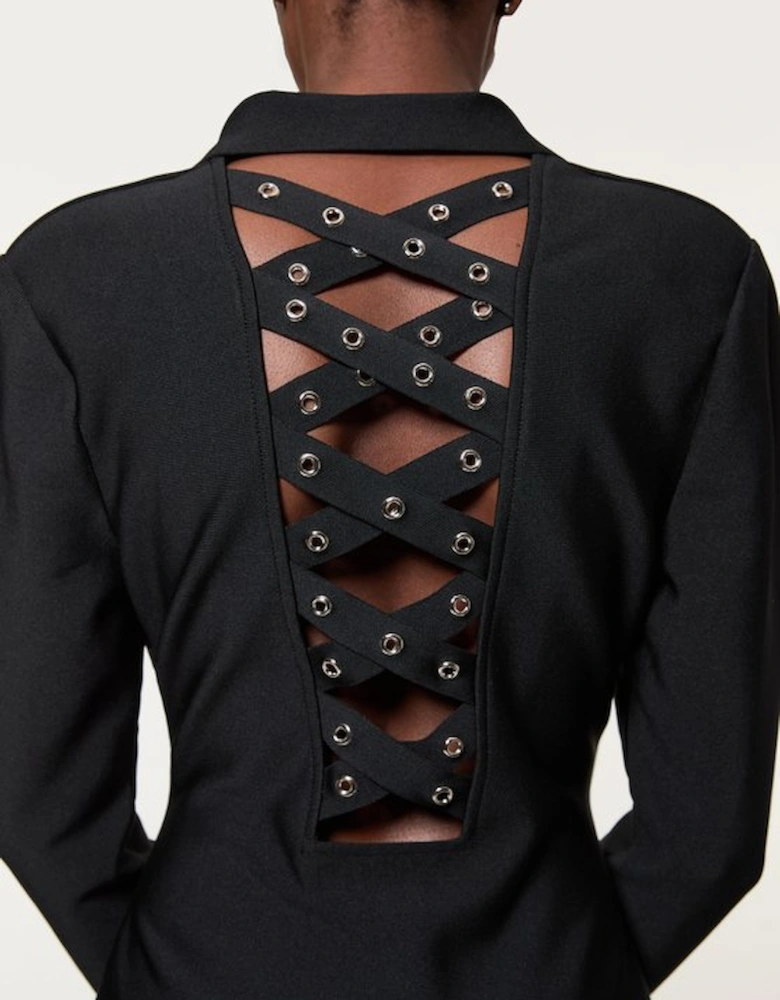 Figure Form Bandage Knit Eyelet Cross Back Detail Mini Dress