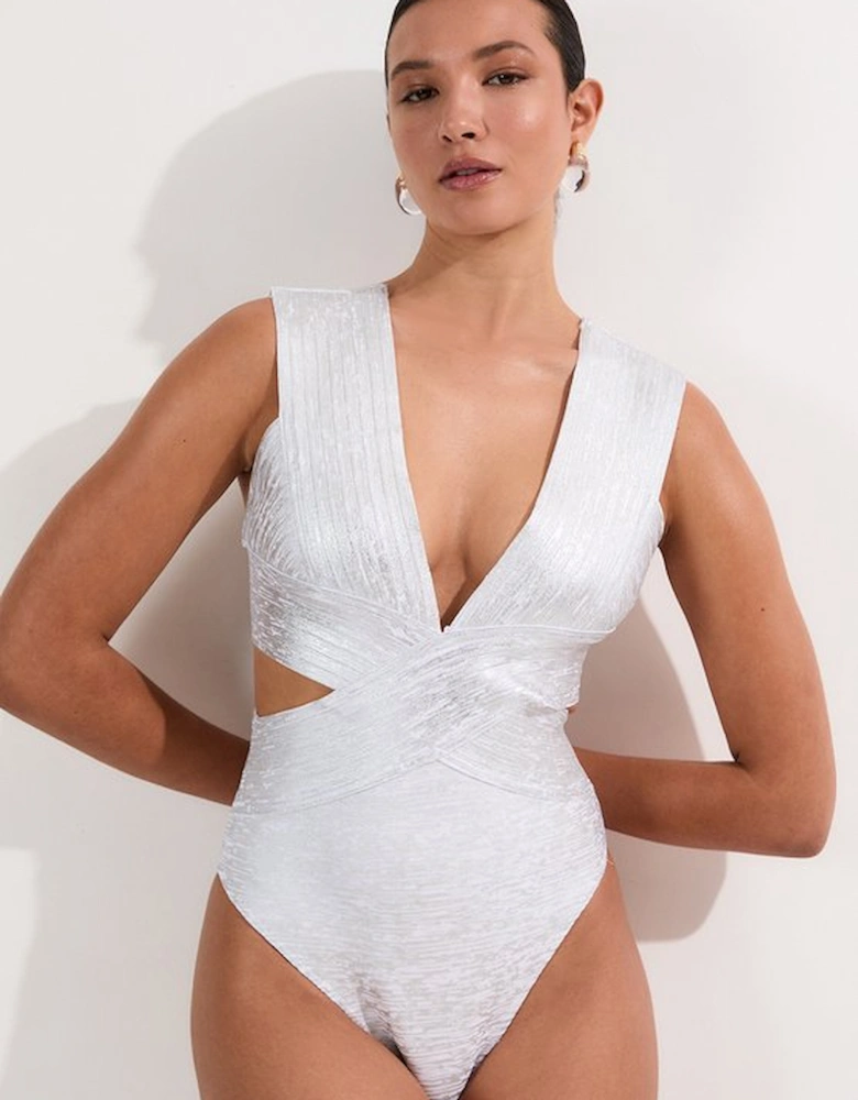 Foiled Bandage Textured V Neck Swimsuit