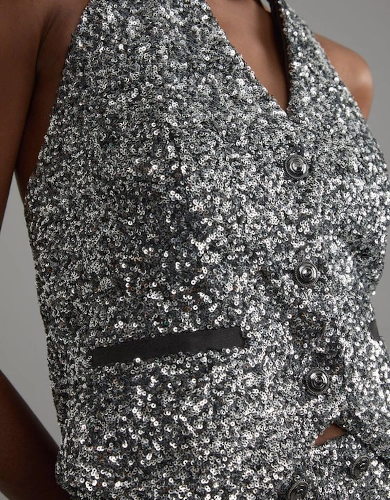 Petite Sequin Halter Neck Waistcoat
