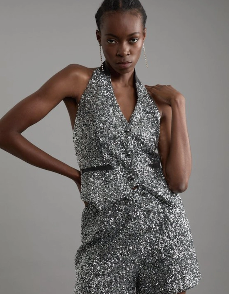 Petite Sequin Halter Neck Waistcoat