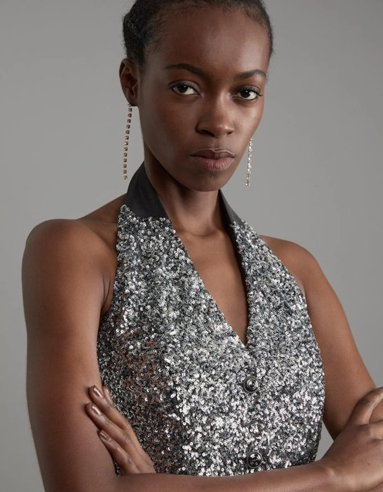 Petite Sequin Halter Neck Waistcoat