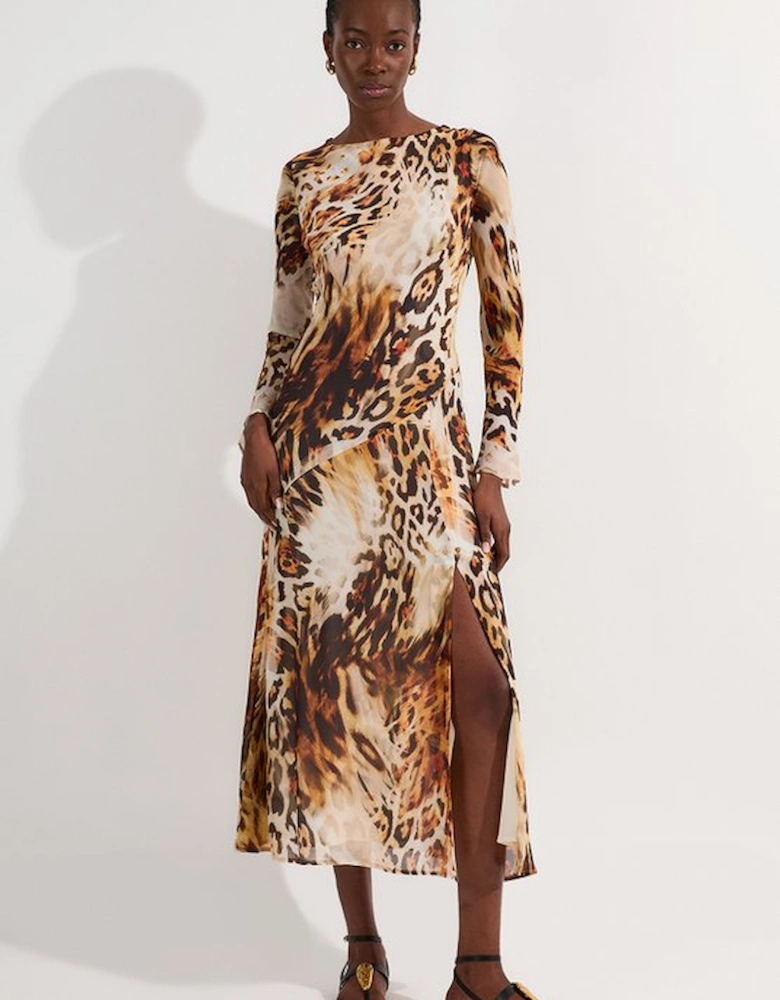 Sheer Viscose Georgette Sketchy Animal Woven Cowl Back Maxi Dress