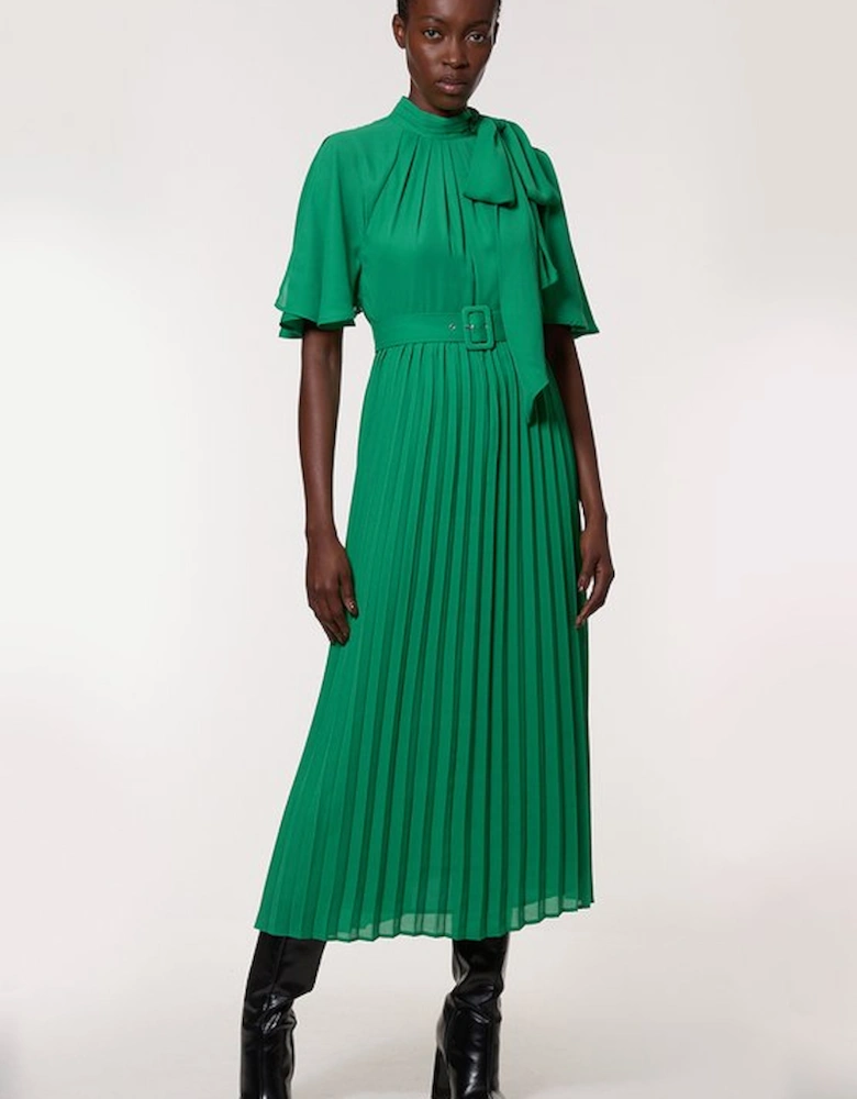 Georgette Pleated Tie Neck Woven Midi Dress