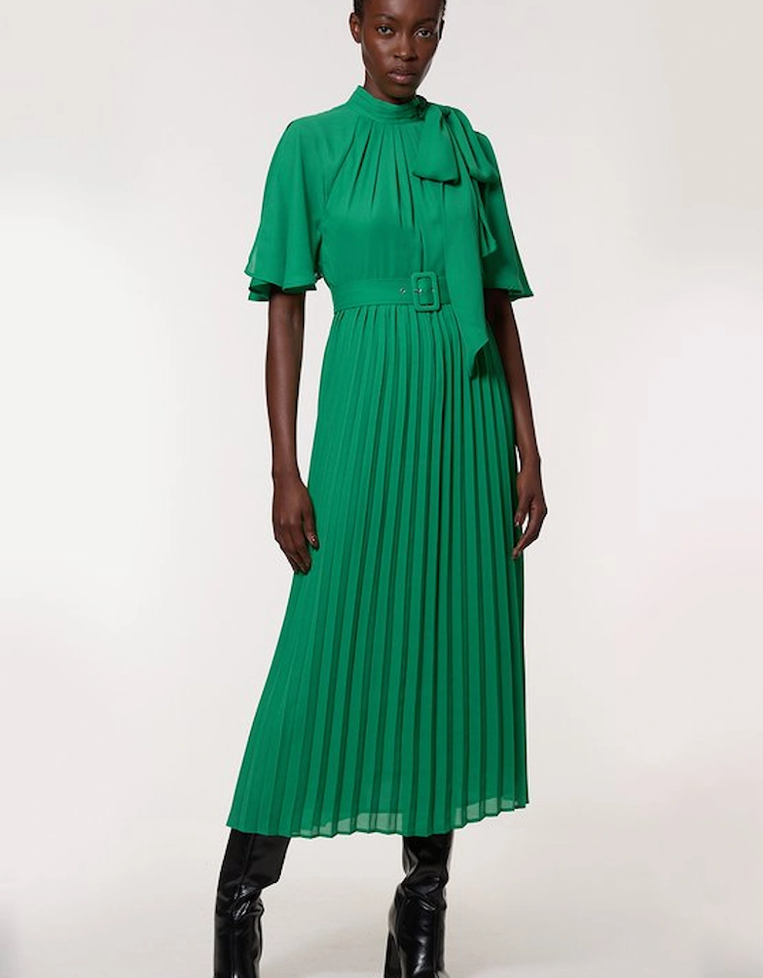 Georgette Pleated Tie Neck Woven Midi Dress, 5 of 4