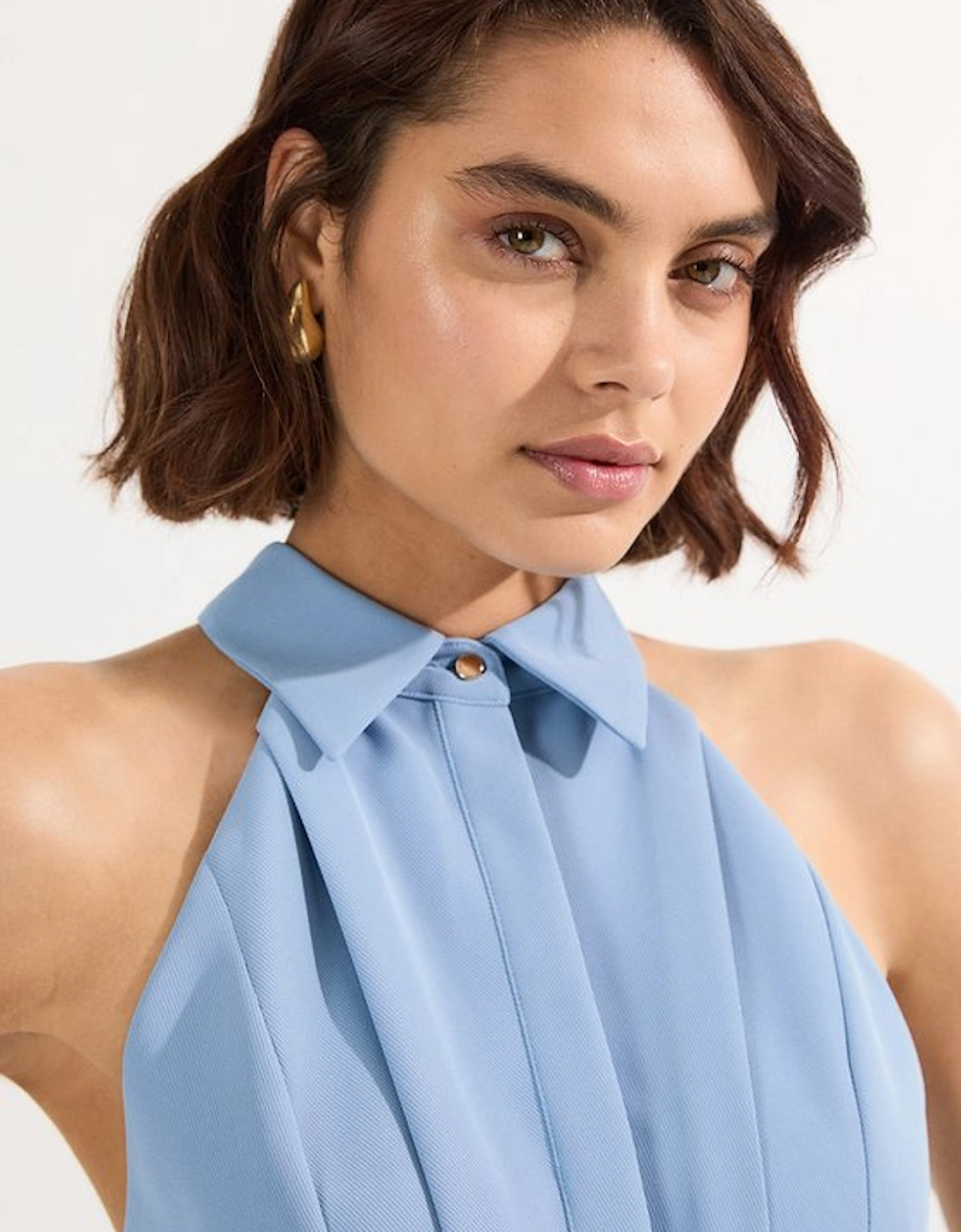 Twill Contrast Collar Woven Halter Neck Midi Dress