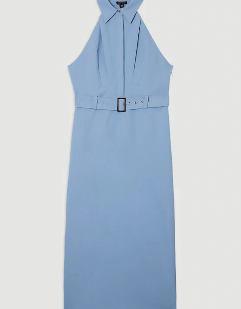 Twill Contrast Collar Woven Halter Neck Midi Dress