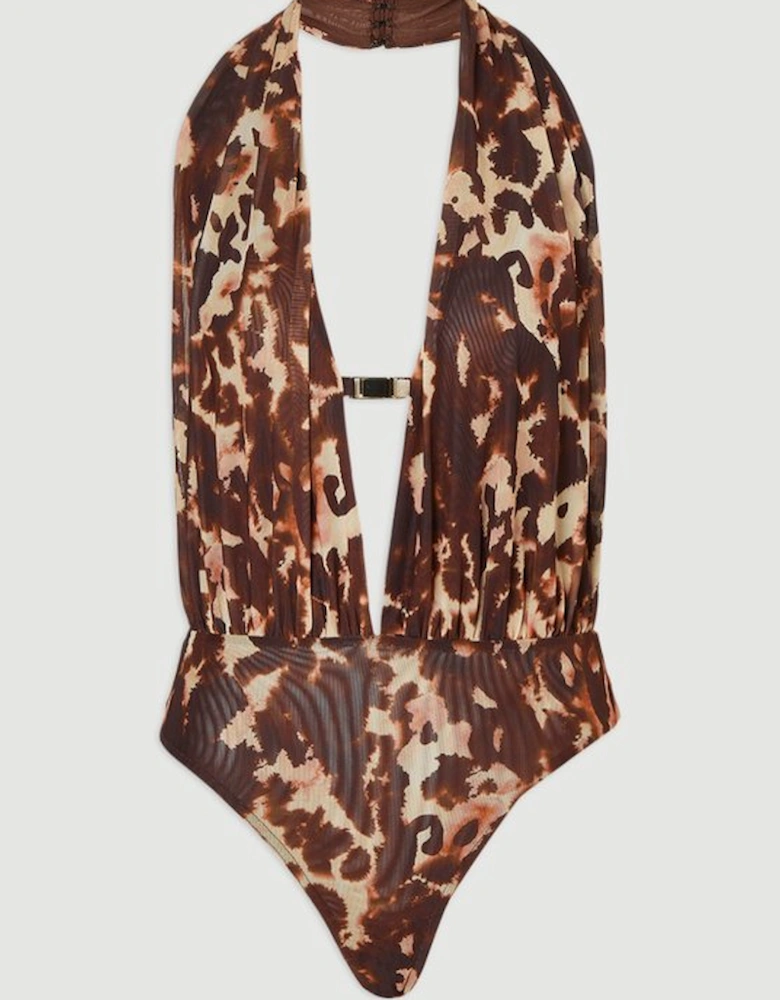 Leopard Print Plunge Halter Neck Trim Detail Mesh Bodysuit