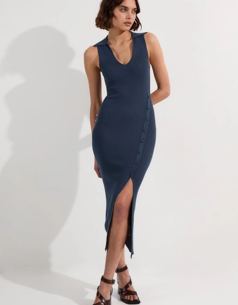 Rib Knit Collared Dress With Button Detail