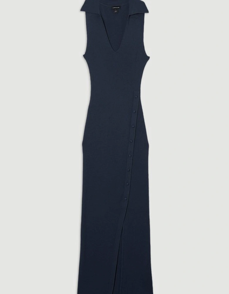Rib Knit Collared Dress With Button Detail
