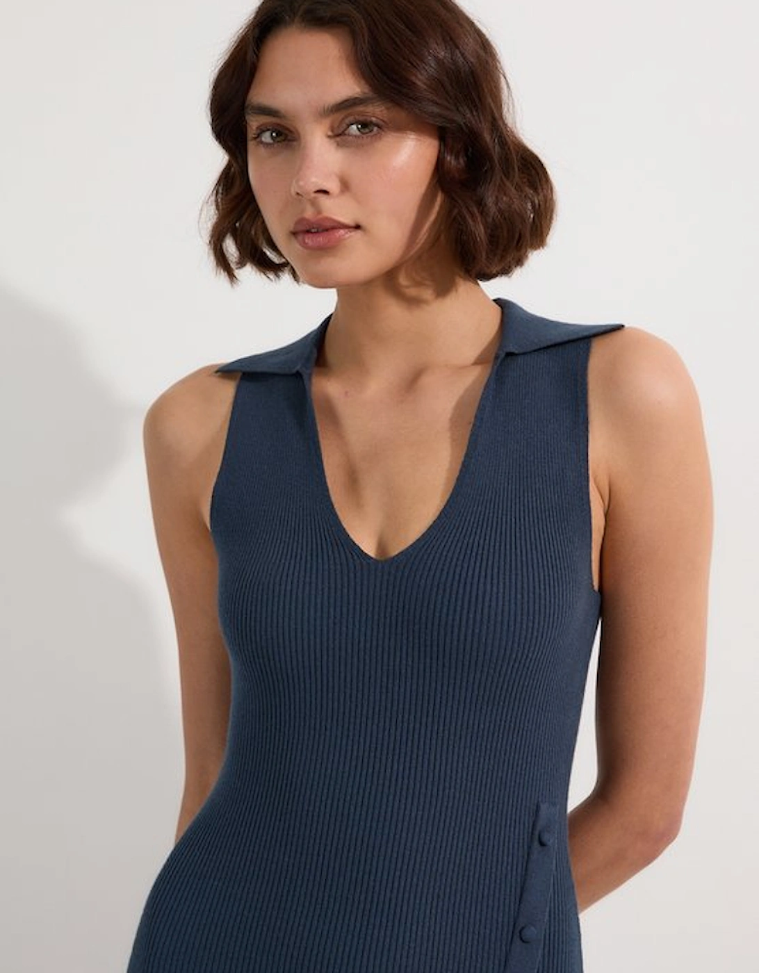 Rib Knit Collared Dress With Button Detail