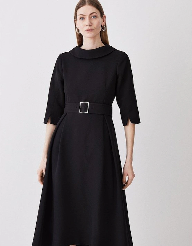 Structured Crepe Roll Neck Dip Hem Midi Dress