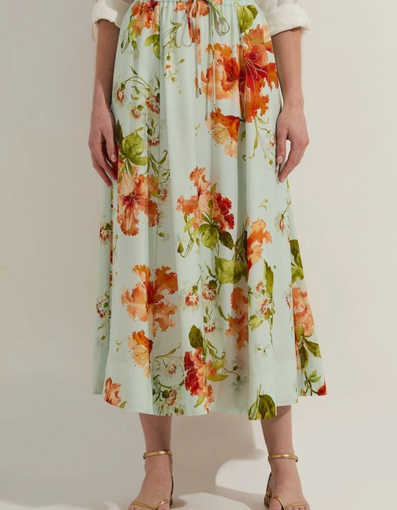 Premium Viscose Linen Floral Tie Waist Woven Skirt