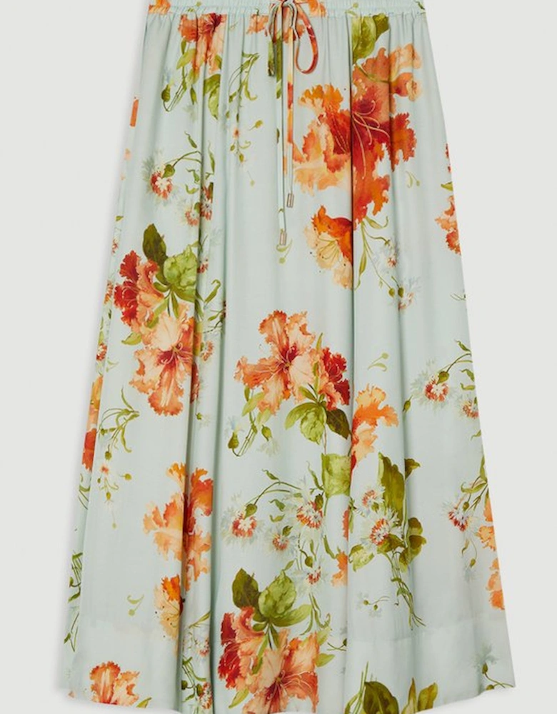 Premium Viscose Linen Floral Tie Waist Woven Skirt