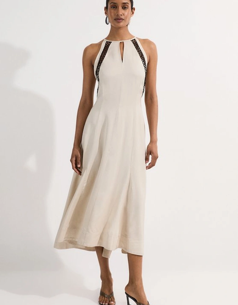 Viscose Linen Woven Halterneck Midi Dress With Lace Trim