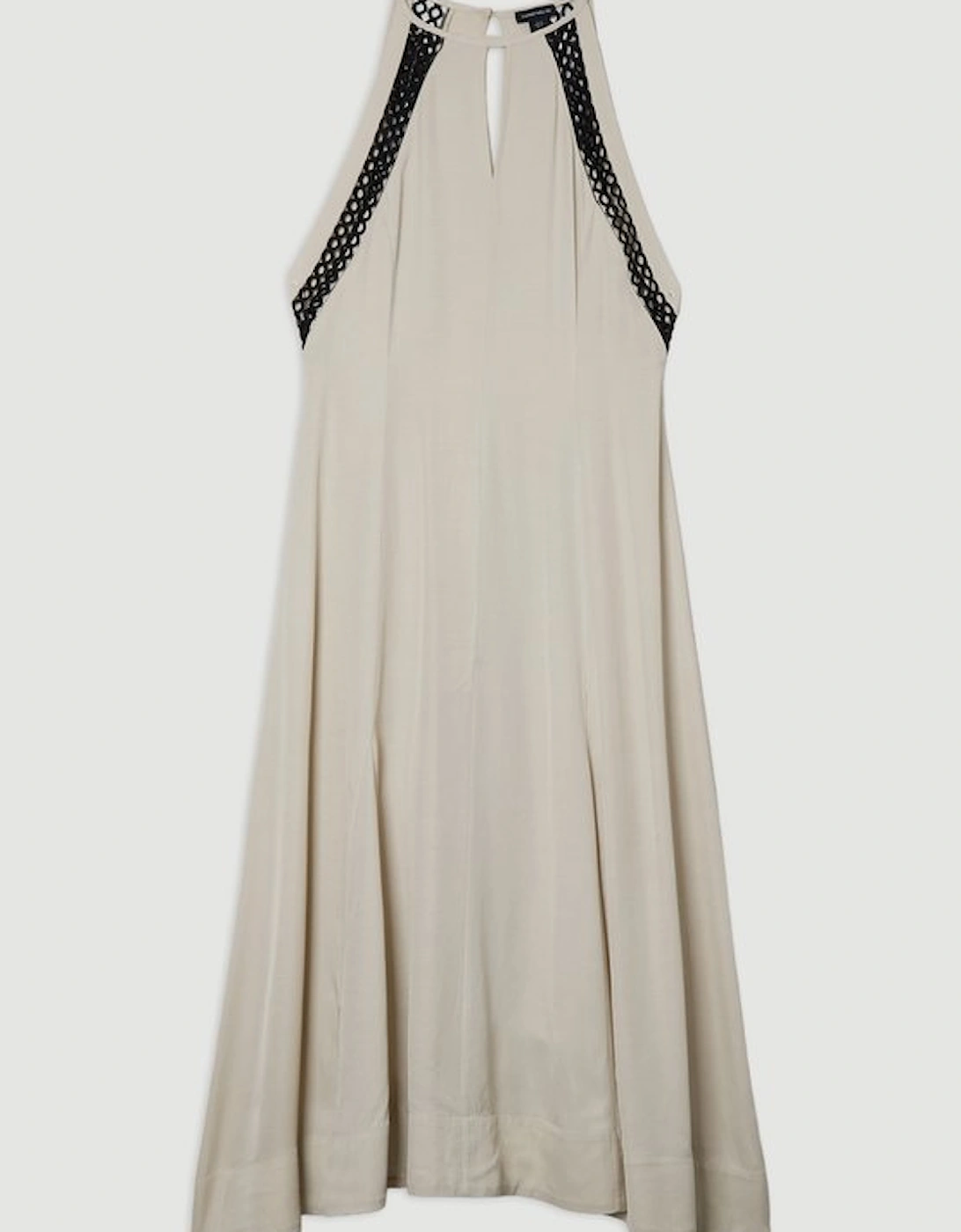 Viscose Linen Woven Halterneck Midi Dress With Lace Trim