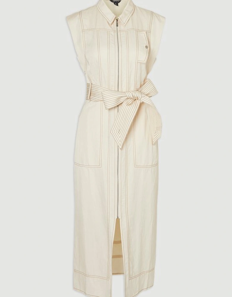 Premium Linen Twill Topstitch Woven Sleeveless Midi Dress