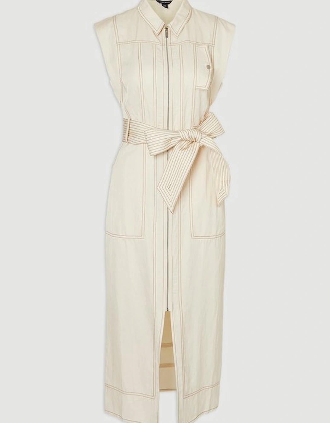 Premium Linen Twill Topstitch Woven Sleeveless Midi Dress