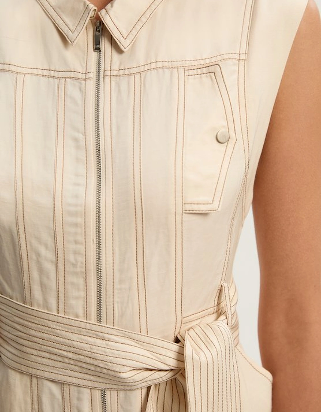 Premium Linen Twill Topstitch Woven Sleeveless Midi Dress