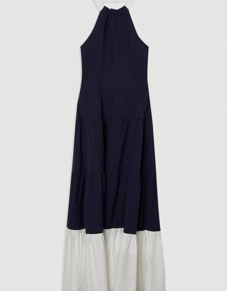 Linen Viscose Colour Block Woven Tiered Halter Maxi Dress
