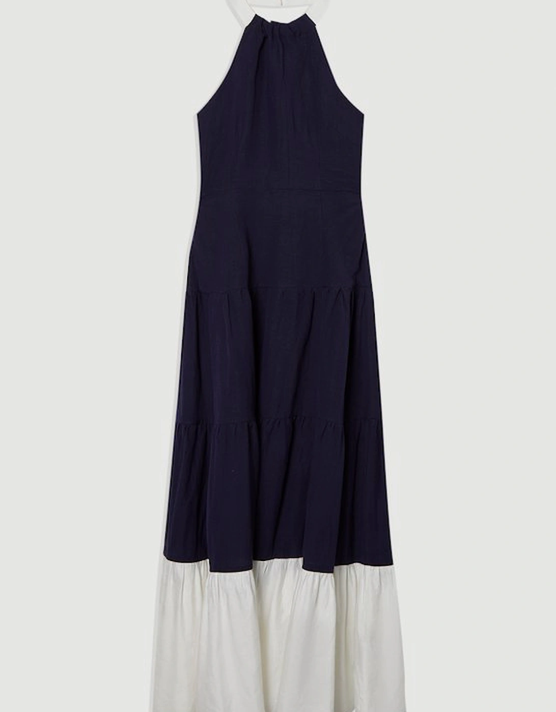 Linen Viscose Colour Block Woven Tiered Halter Maxi Dress