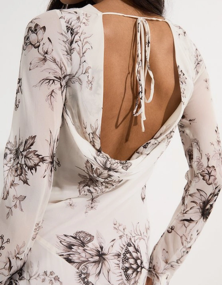 Sheer Viscose Georgette Sketchy Floral Woven Cowl Back Maxi