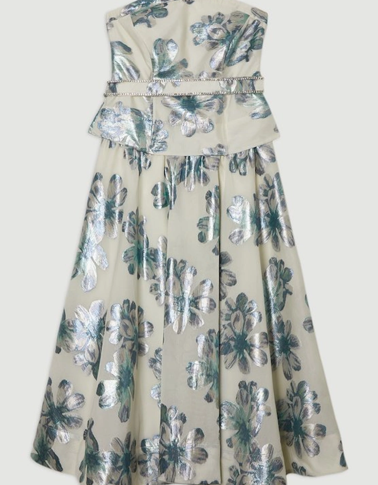 Diamante Trim Bodice Detail Metallic Jacquard Prom Dress