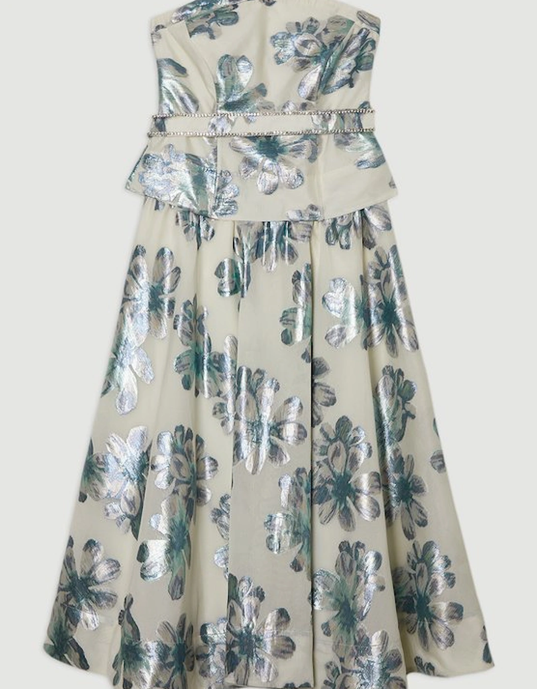 Diamante Trim Bodice Detail Metallic Jacquard Prom Dress