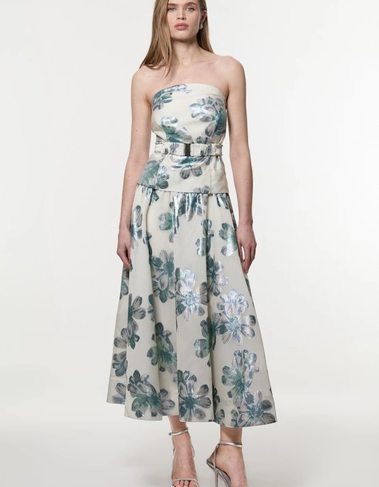 Tall Diamante Trim Bodice Detail Metallic Jacquard Prom Dress