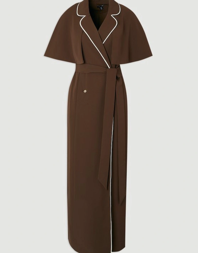 Contrast Tipping Tie Waist Short Sleeve Woven Trench Midi Dress